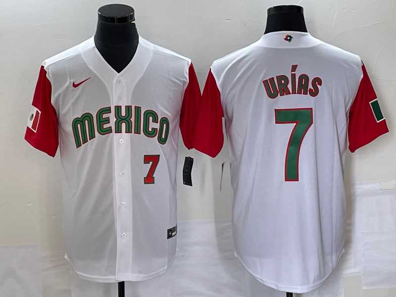 Mens Mexico Baseball #7 Julio Urias Number 2023 White Red World Classic Stitched Jersey 51